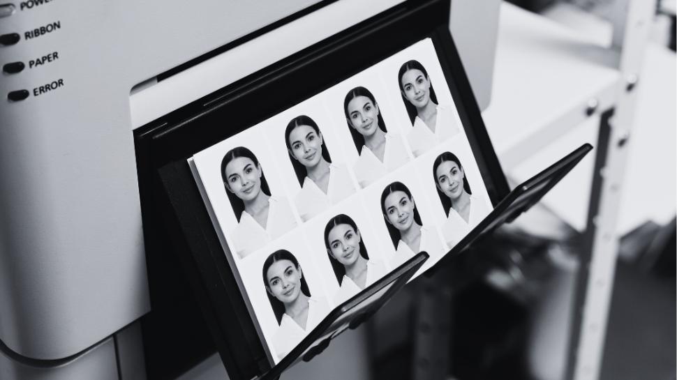 SW Portraitaufnahme einer Frau im Passbildstil vor hellem Hintergrund.