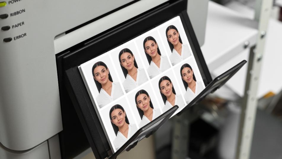 Portraitaufnahme einer Frau im Passbildstil vor hellem Hintergrund.